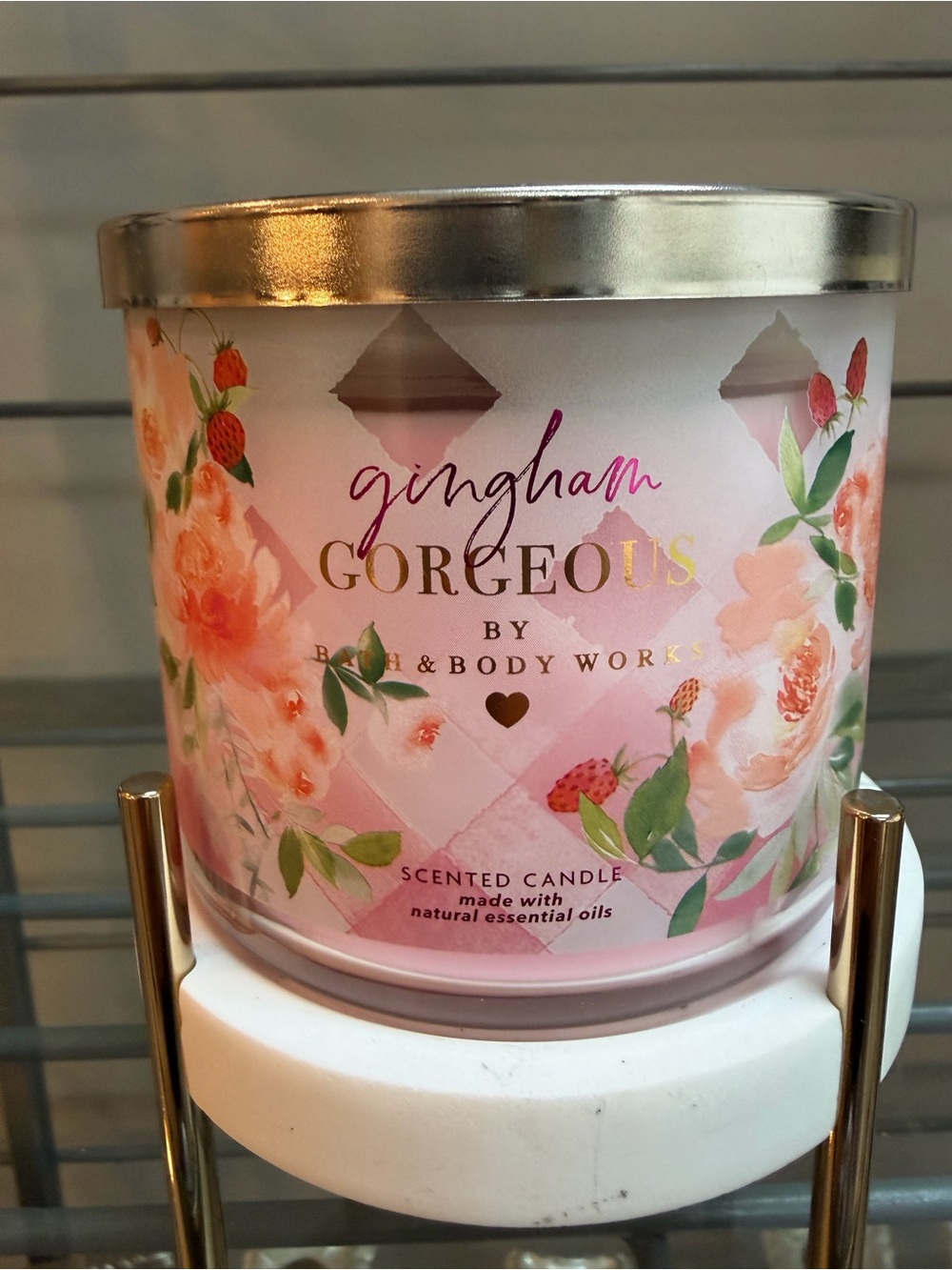 Bath & Body Works Gingham Gorgeous 3 Wick Candle - Pink & Green Floral NawT